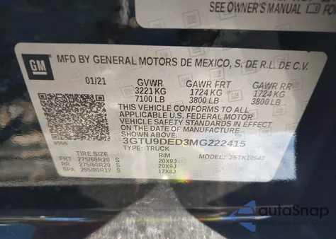 2021 GMC Sierra 1500 4Wd Short Box Slt z USA, uszkodzony, nr VIN 3GTU9DED3MG222415